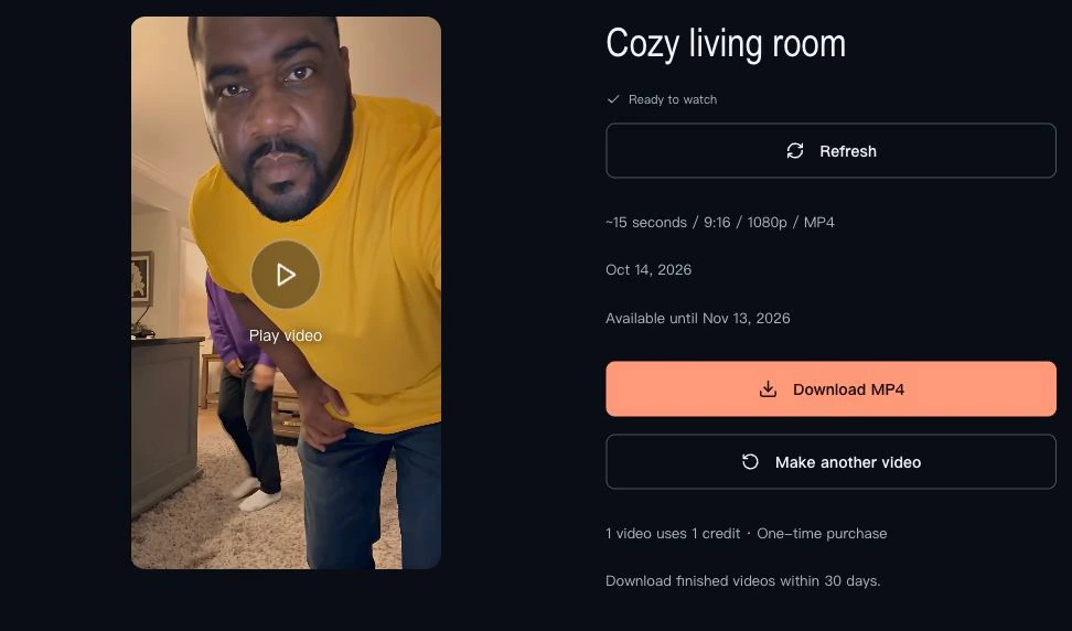 Completed living-room video with playback and Download MP4 controls