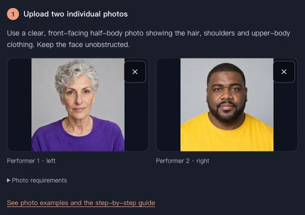 Two half-body photo previews in the creator’s left and right role slots